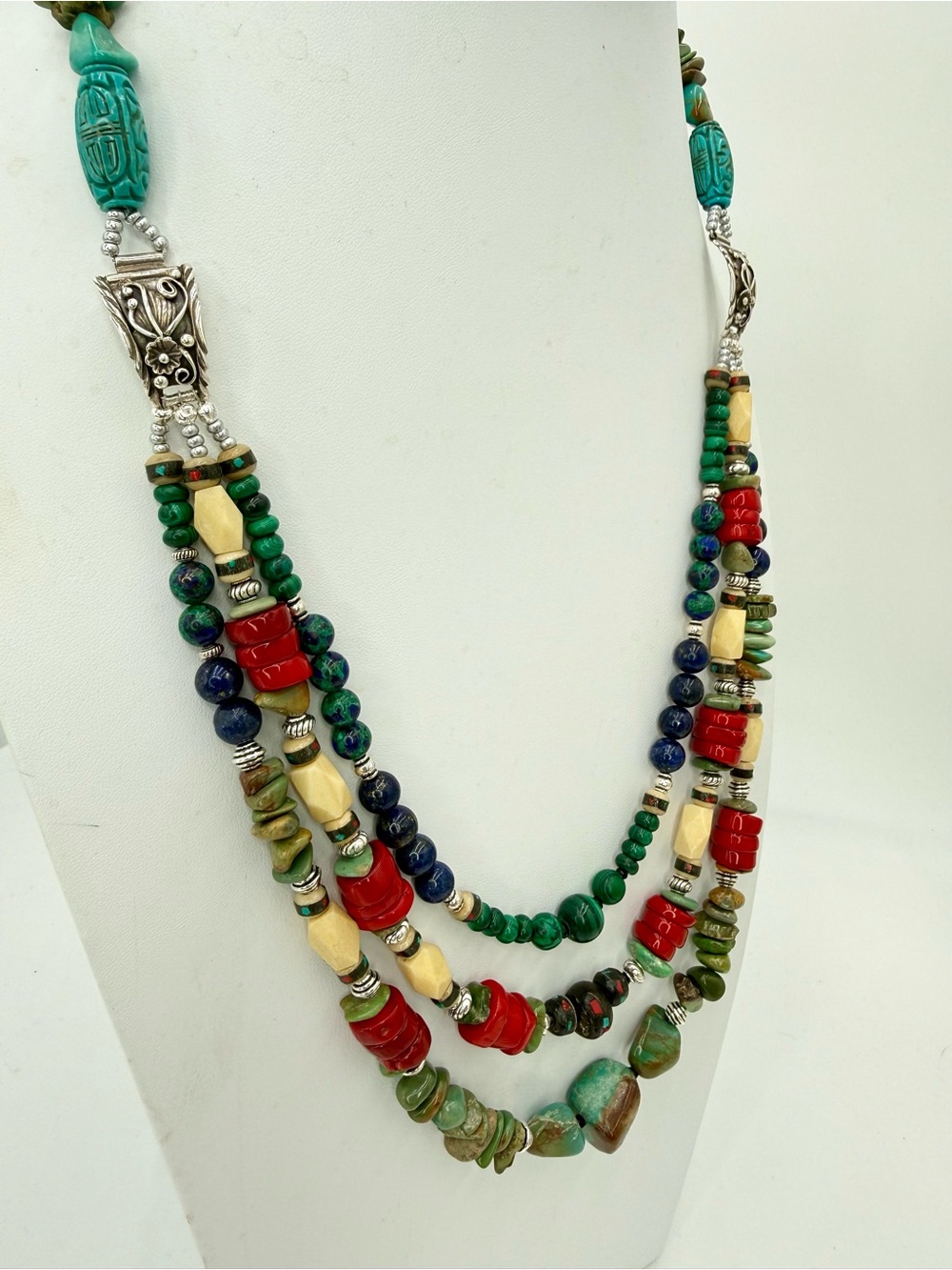 Artisan Sterling Turquoise Multi Stone 3 Strand Necklace Southwest 24-28” 164gr